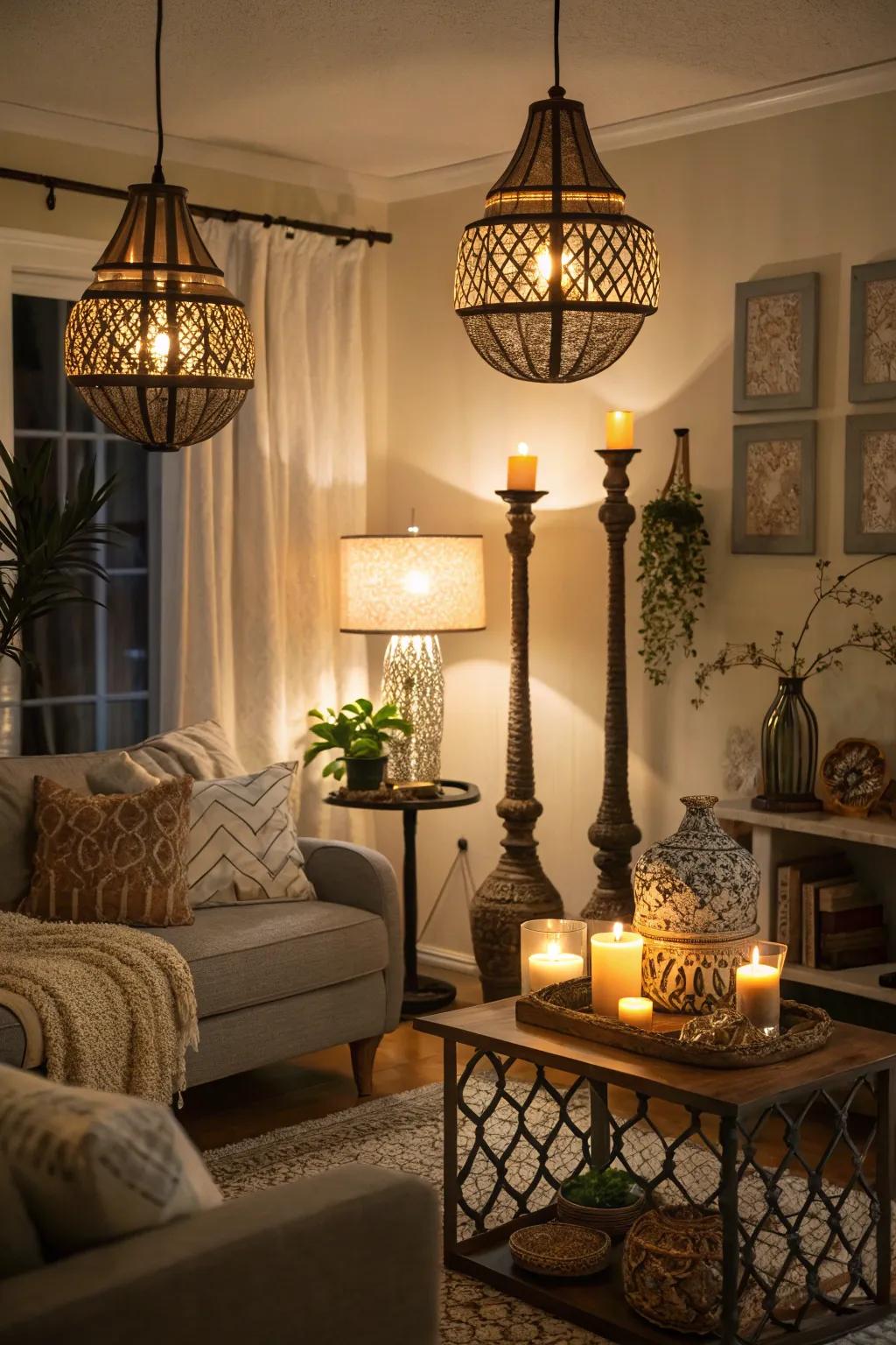 Layered illumination establishes a snug atmosphere.