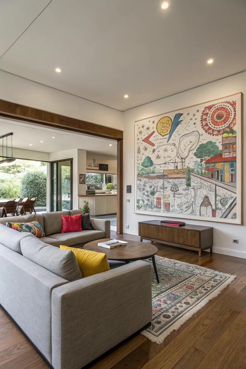A modern living room showcased with a bright, modern graphic drawing.