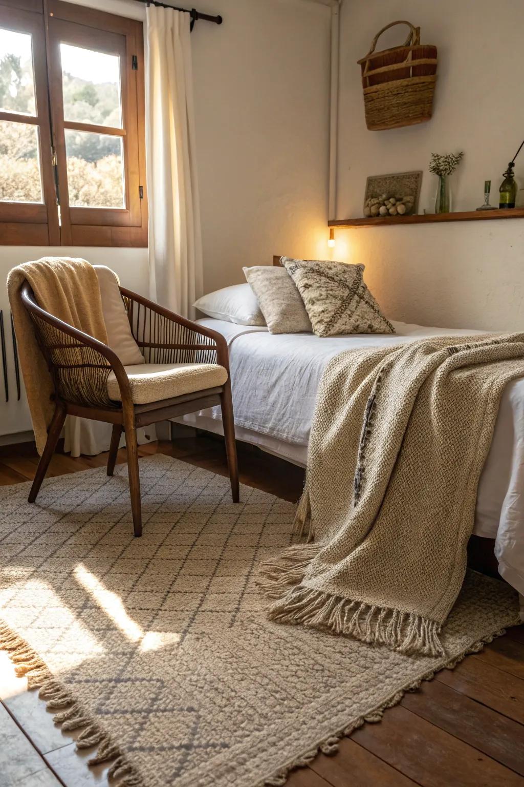 Cozy fabrics set a warm atmosphere in a compact bedroom.