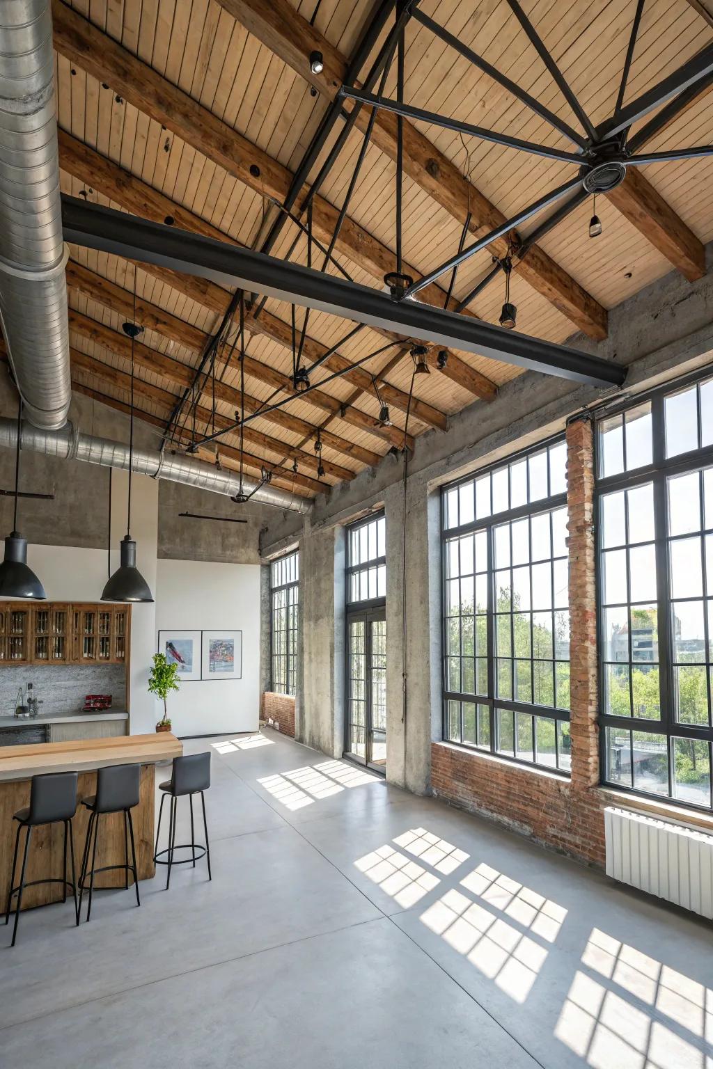 Mixing metal and wood beams creates a chic urban vibe.