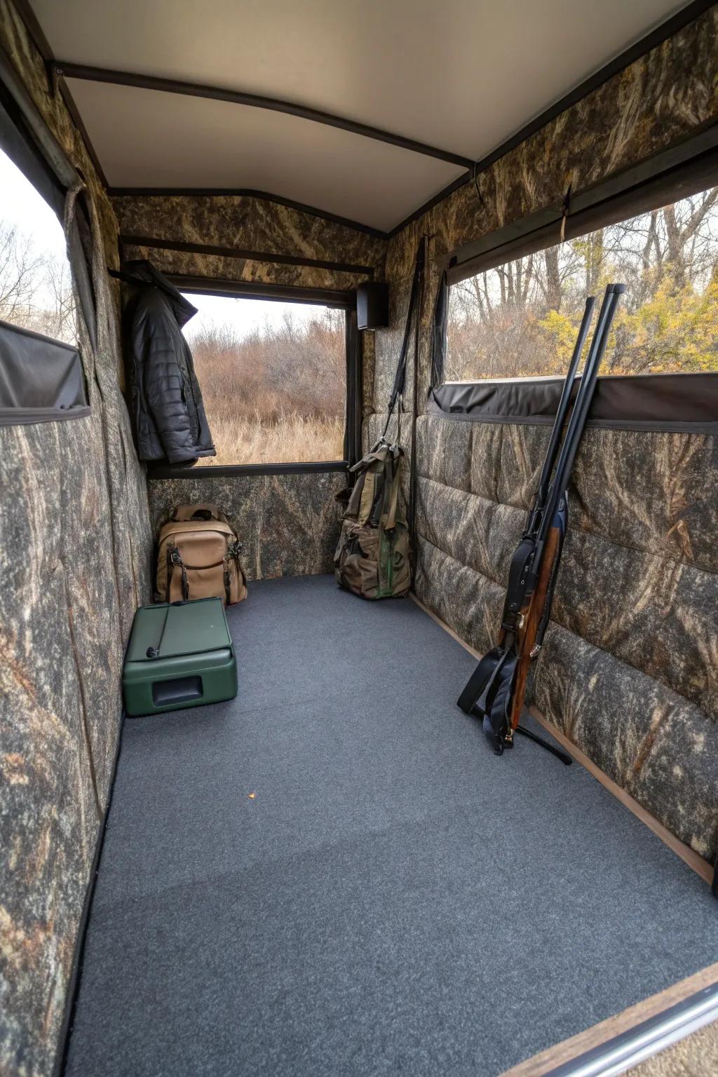 Carpet flooring minimizes noise and provides an added layer of comfort.