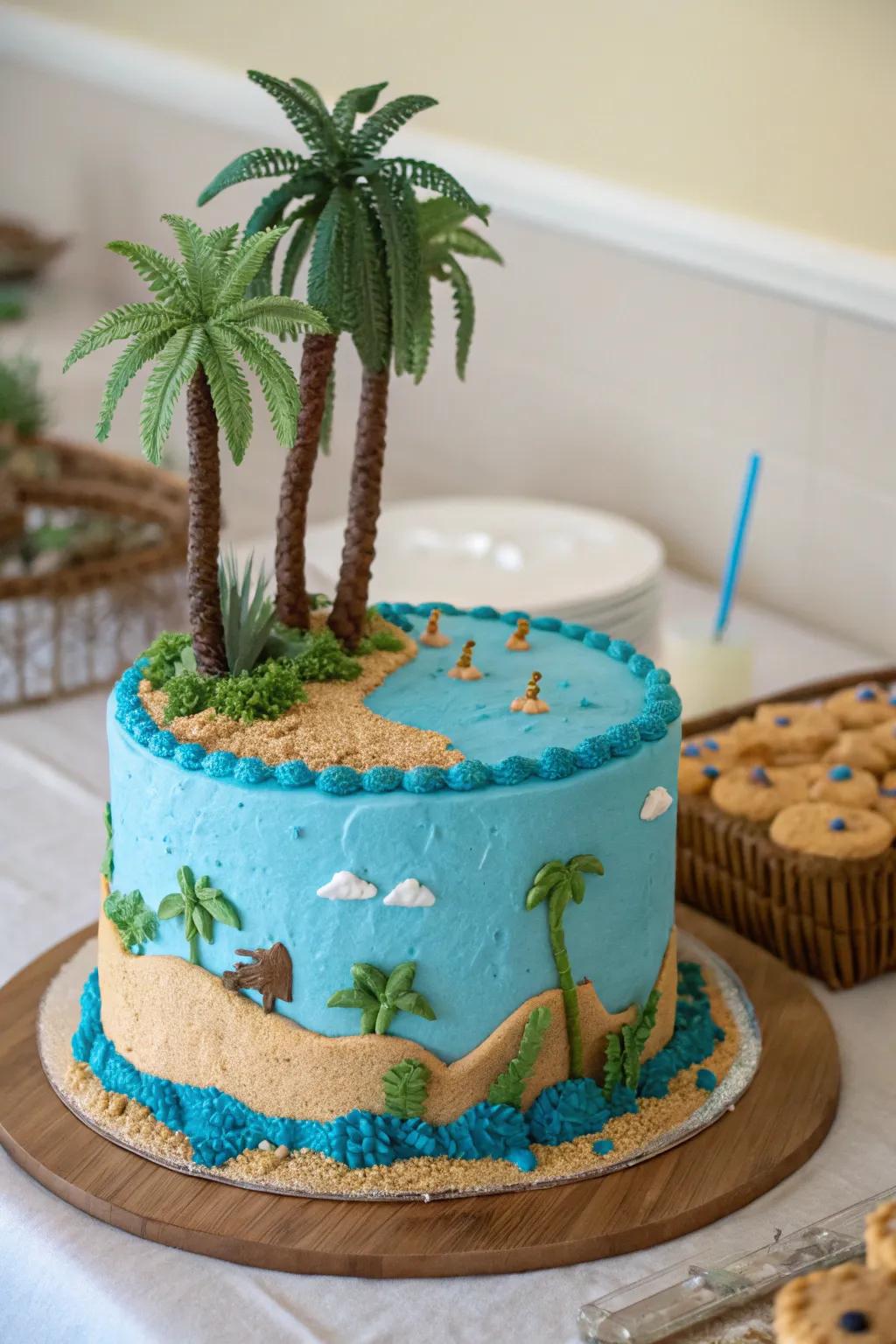Confection ornamented with a desert spring motif, encompassing azure icing and palatable frondescence.