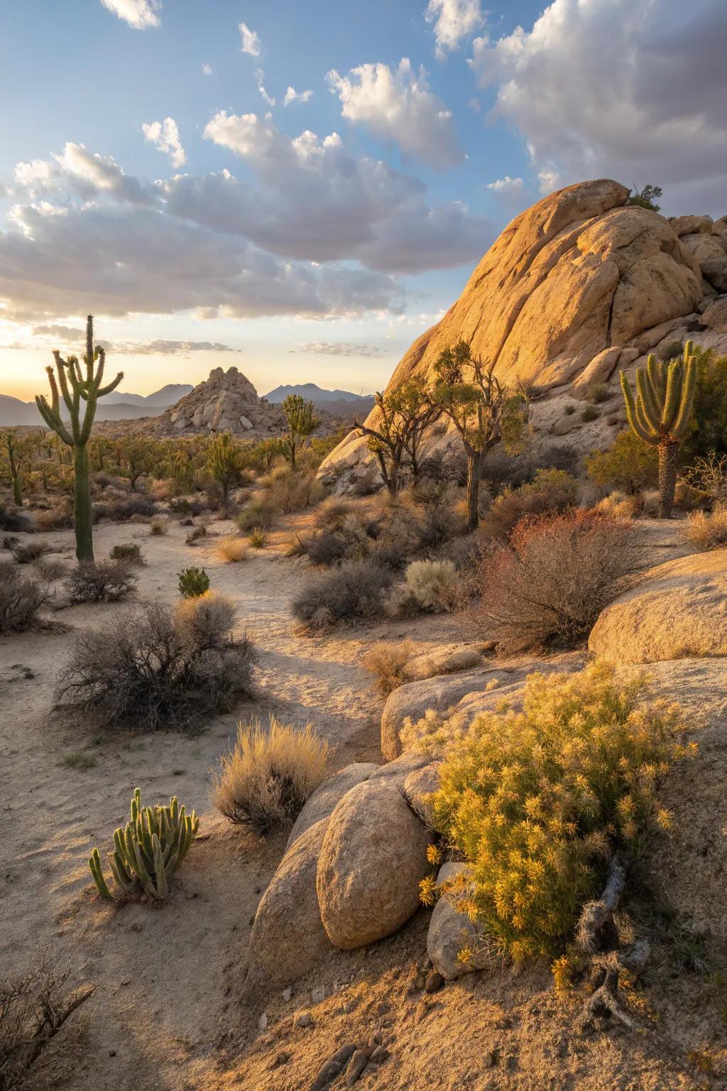 The enchanting interplay of illumination and shadows in a sunlit desert garden.