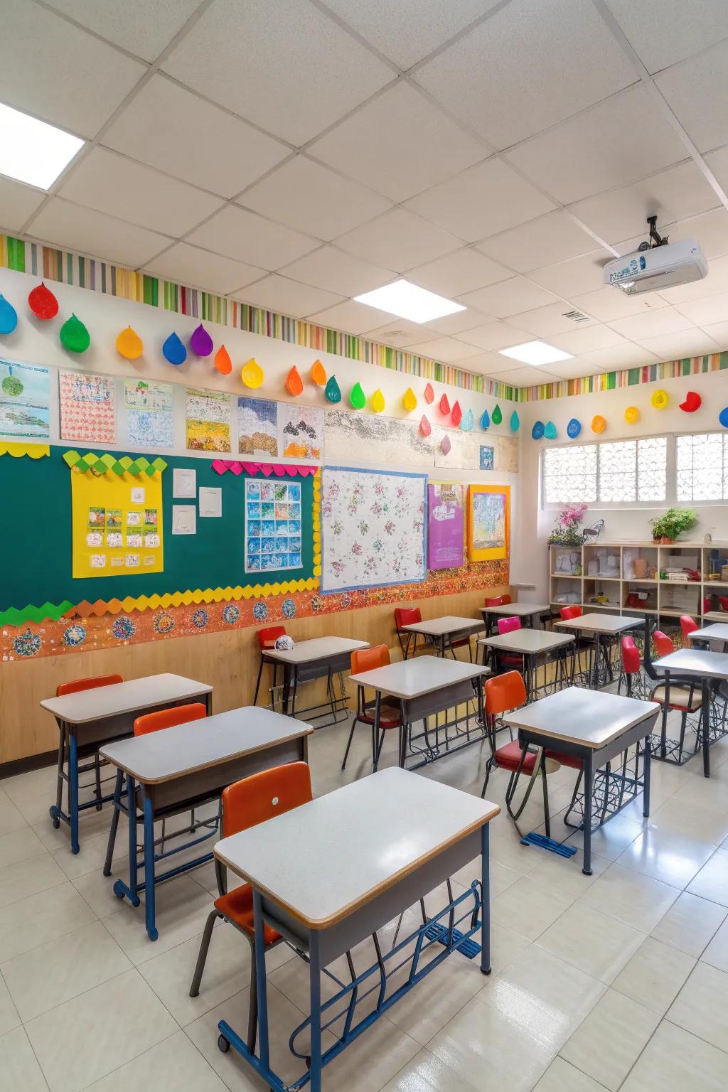 Themed desk arrangements append vibrancy and exhilaration to the classroom setting.