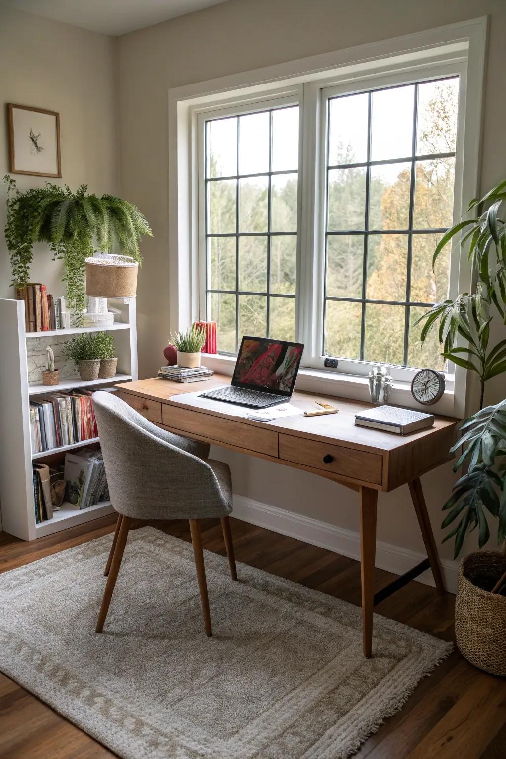 A plush rug adds texture and warmth to the workspace.