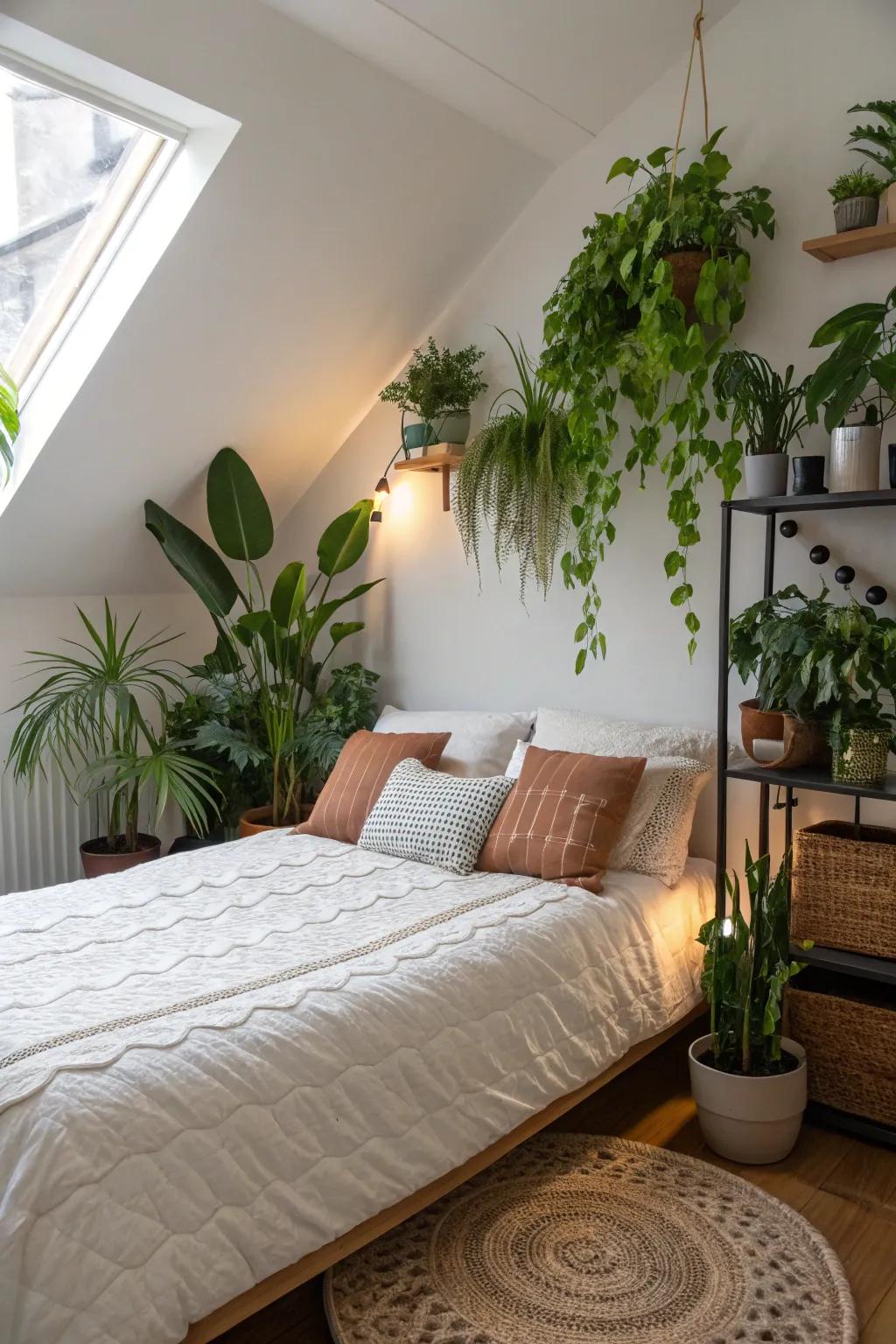 Plants add a natural touch and serenity to a bed at an angle.