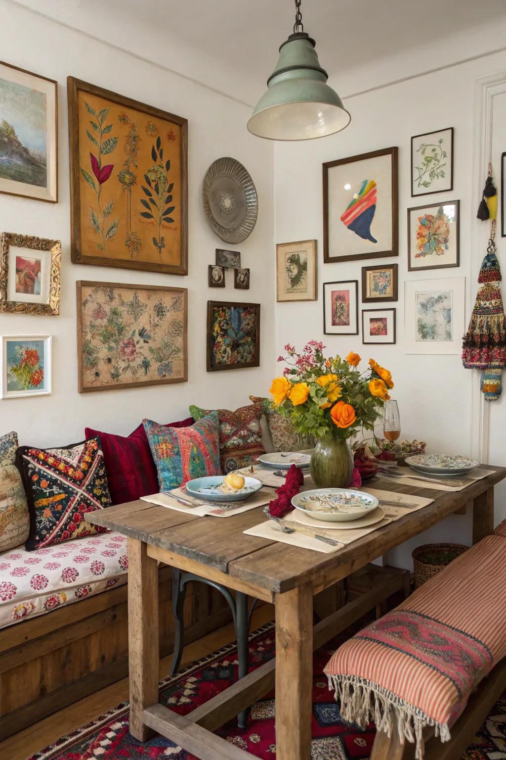 Eclectic accents that enrich the dining room with personality and distinctive flair.