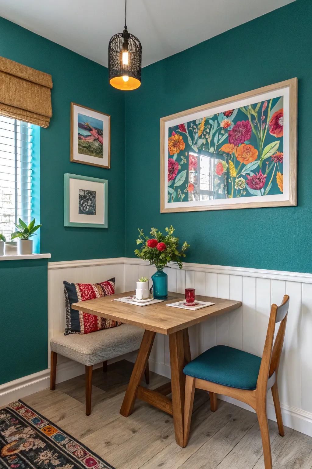 Daring hues infuse vitality and spirit into dining room corners.