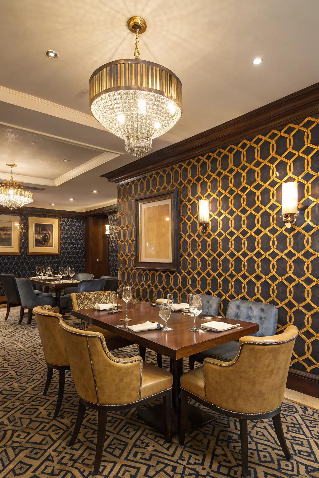 Dramatic wallpaper adds depth and character to the dining space.