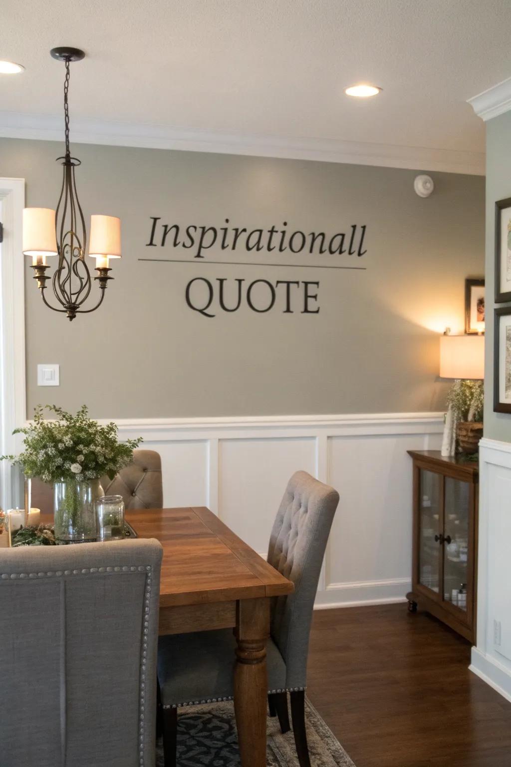 Typography art adds a personal and inspirational touch to the dining room.