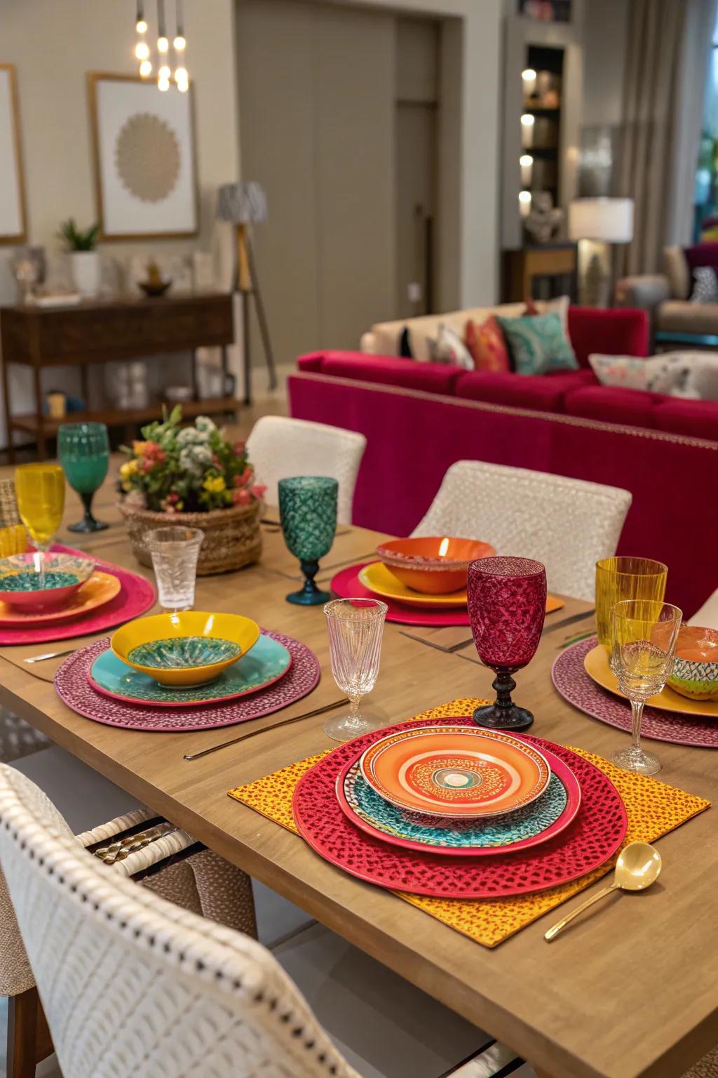 A dining table enhanced with bold, harmonizing colors.