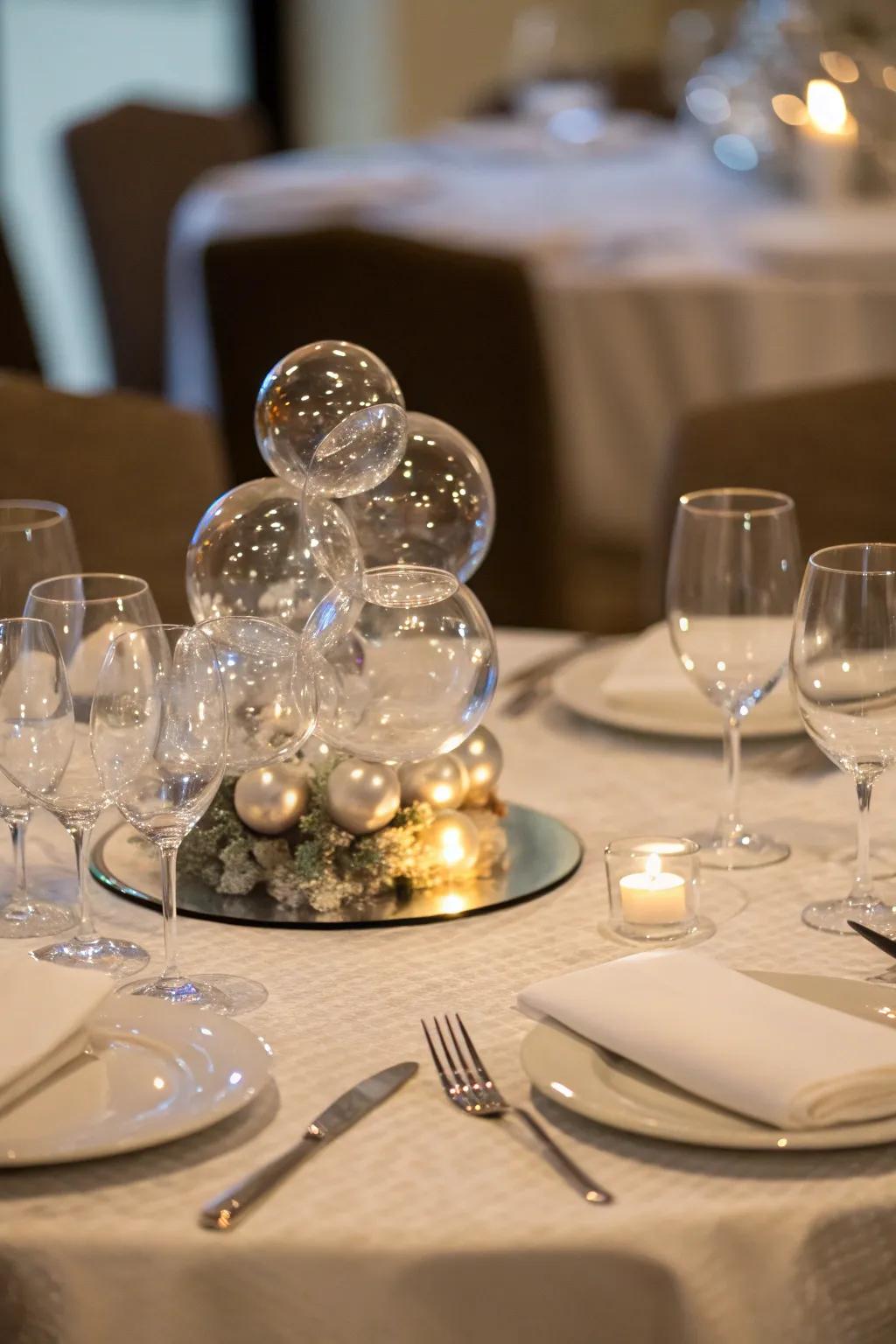 An extraordinary centerpiece featuring crystal orbs, enhancing the table's visual fascination.