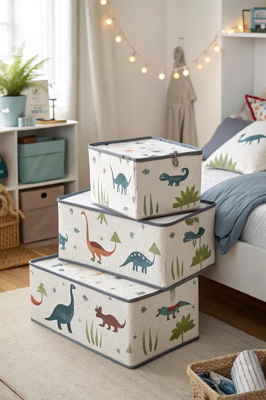 Storage units displaying dinosaur prints optimizing underbed area.