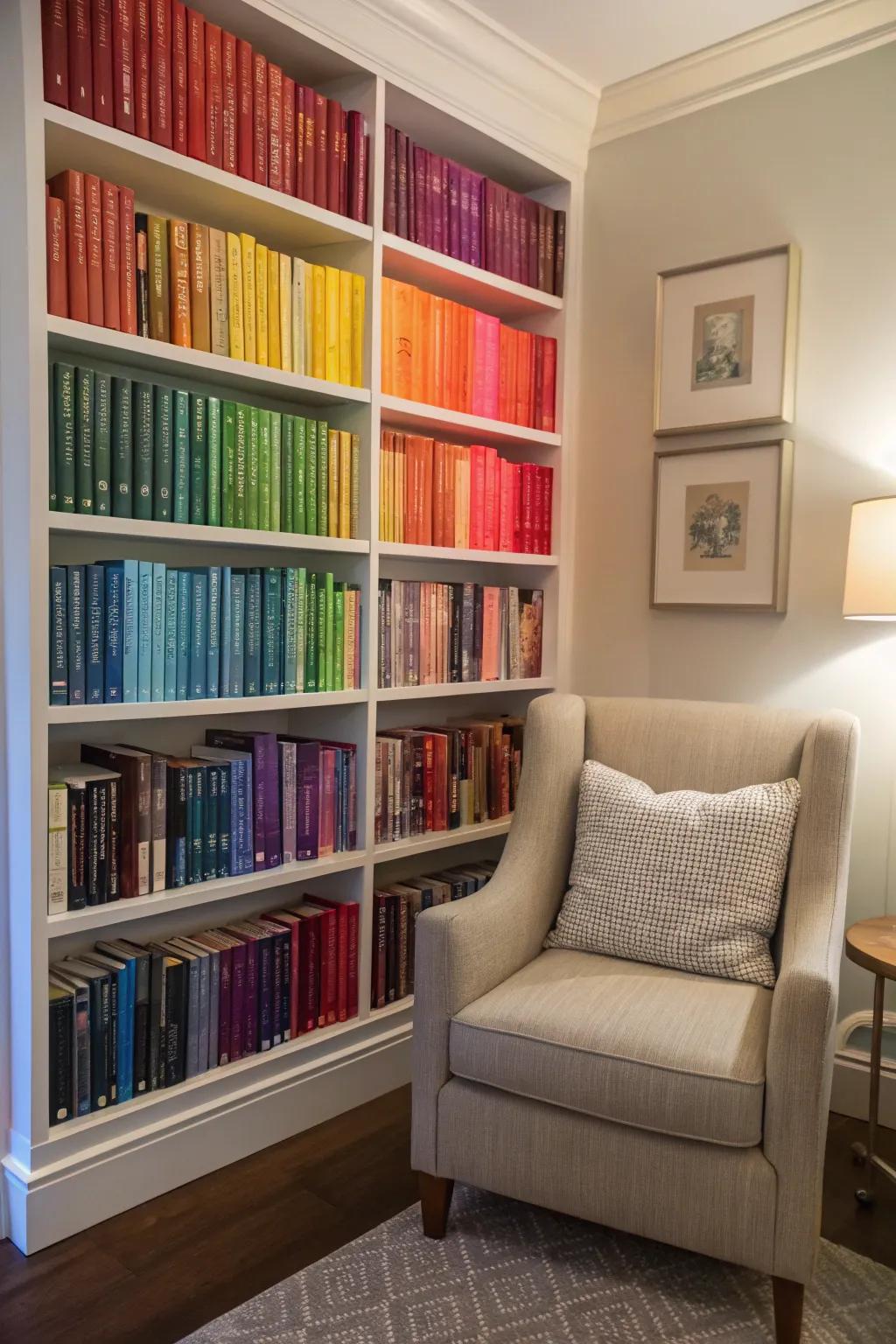 A vibrant bookshelf organized by color, doubling as an artistic décor element.