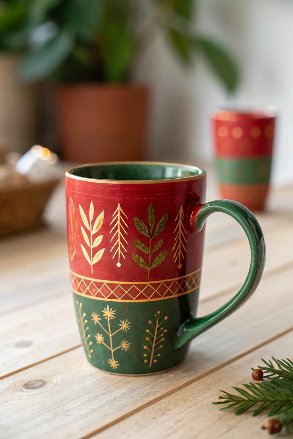This holiday season, enjoy a stylish drink from a handcrafted mug that is decked out with festive cheer!