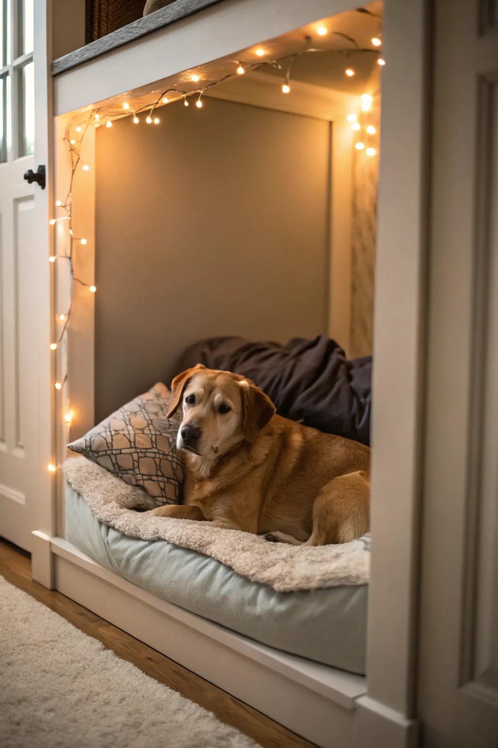 A snug corner transmuted into an inviting canine niche, showcasing gentle bedding.