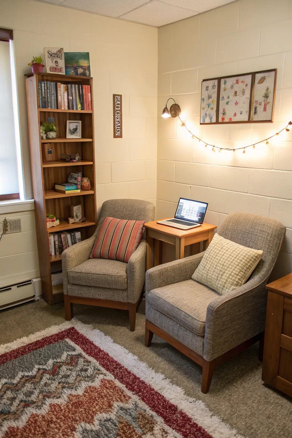 A snug seating area offers a stylish escape right in your dorm.