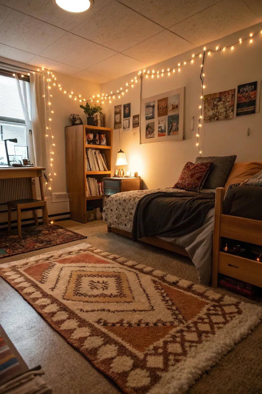 A cozy floor covering enhances the room's warmth and adds visual texture.