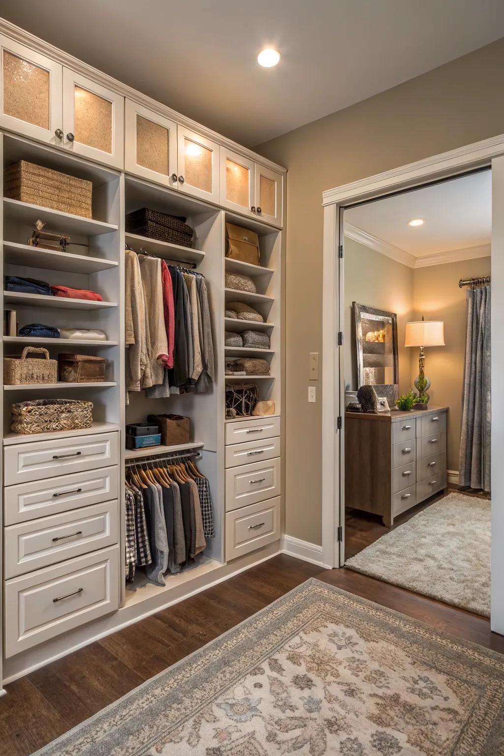 Customizable storage in a double closet that morphs to suit your evolving needs.