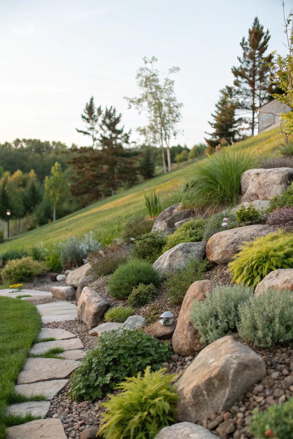 Indigenous landscaping integrates exquisitely with a sloped backyard.