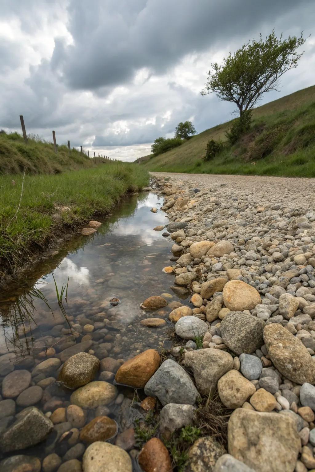 A textured fusion of stones imparts profundity to a drainage channel.