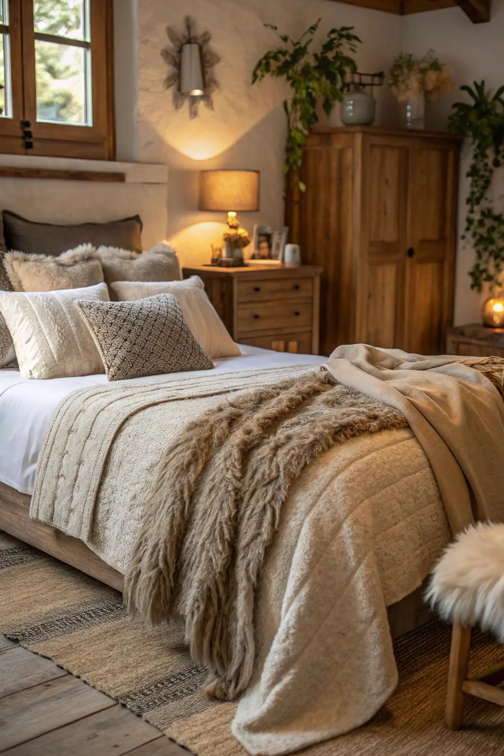 Snug textures give the bedroom a warm and inviting feel.