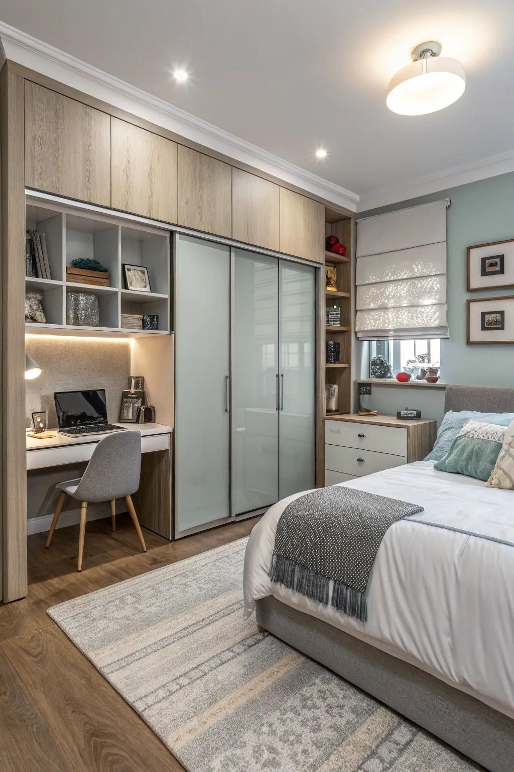 A stylish bedroom featuring multifunctional furniture and a smart layout.