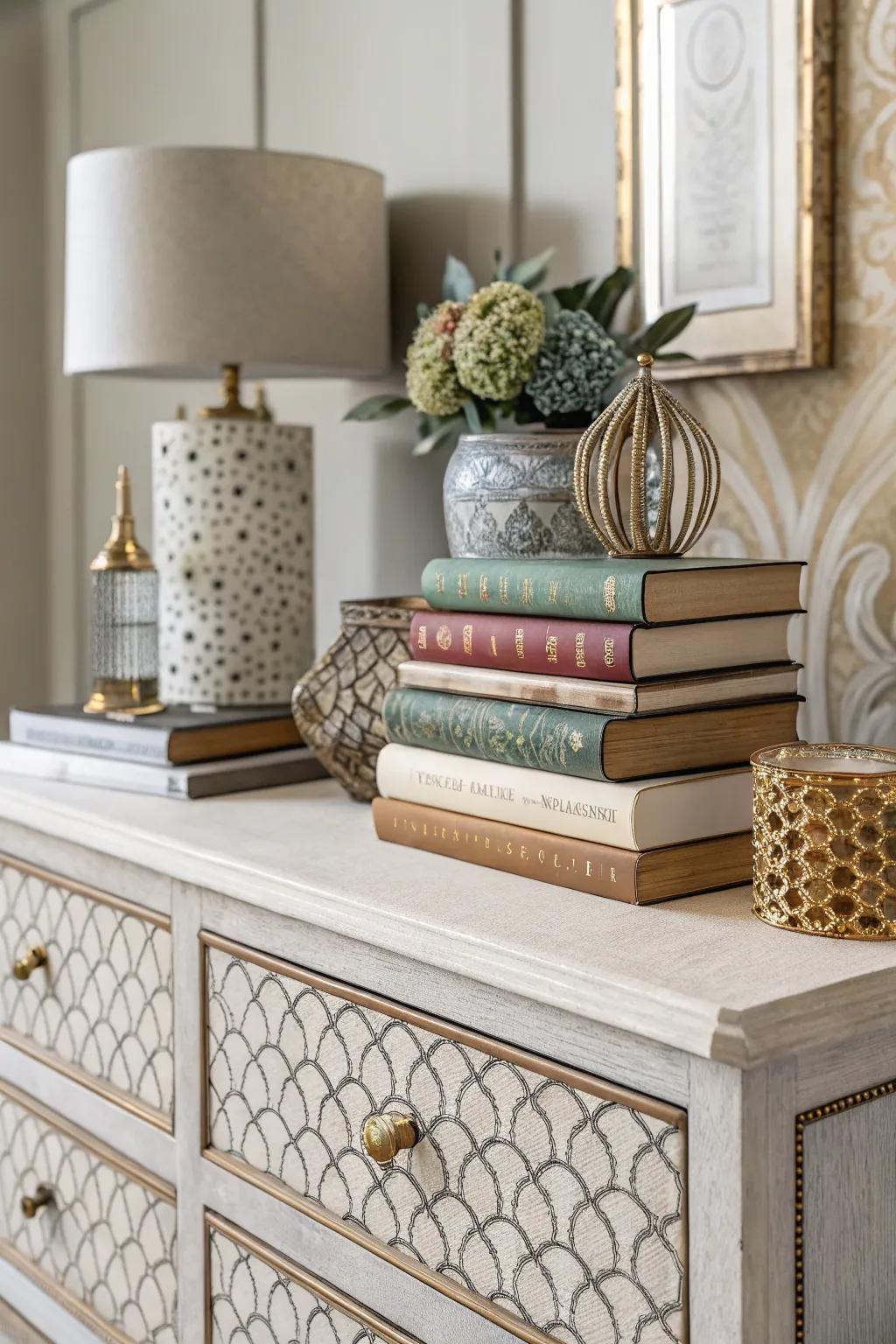Books add height and visual interest to the dresser's decor.
