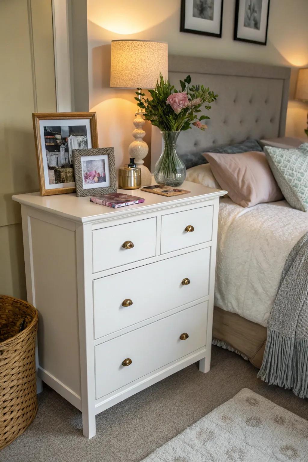 A multiple-use dresser serving as both storage and a vanity in a small bedroom.