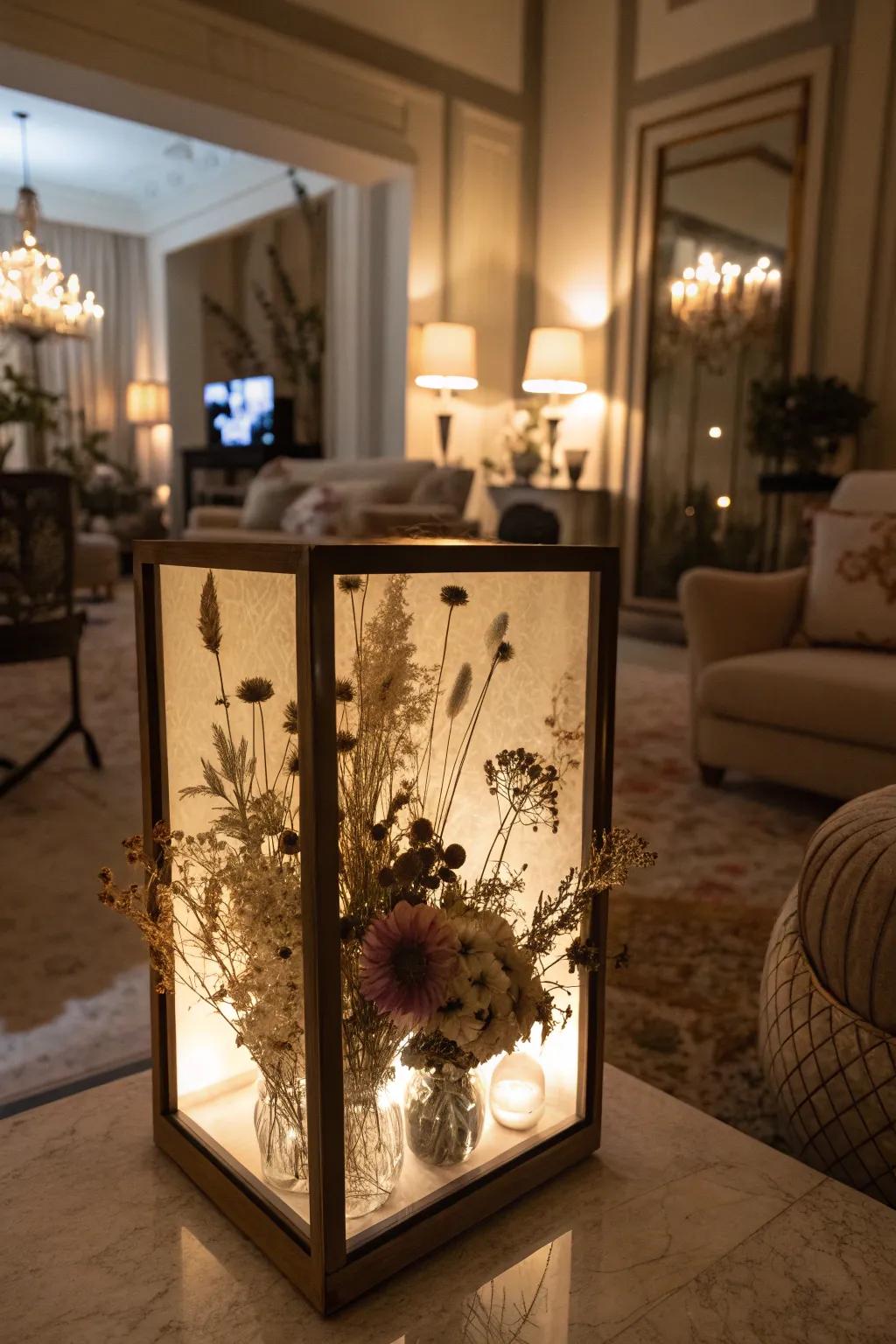Light up your home design using a softly lit dried flower display case.
