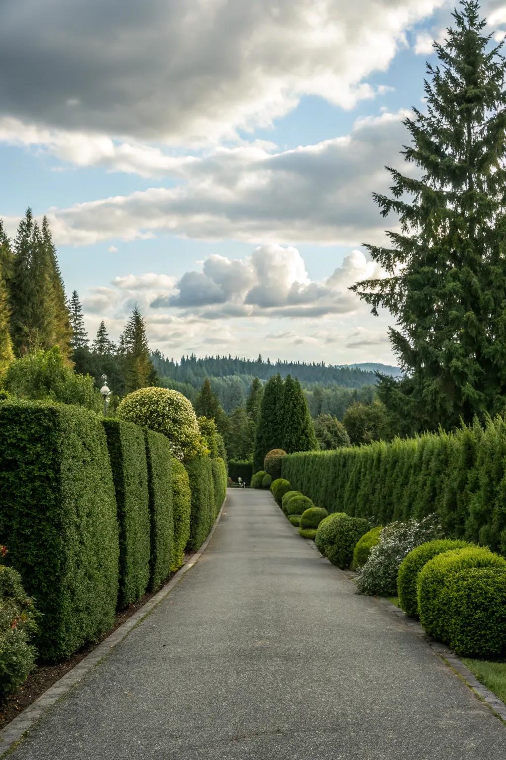 Evergreen hedges guaranteeing year-round greenery beside a driveway.