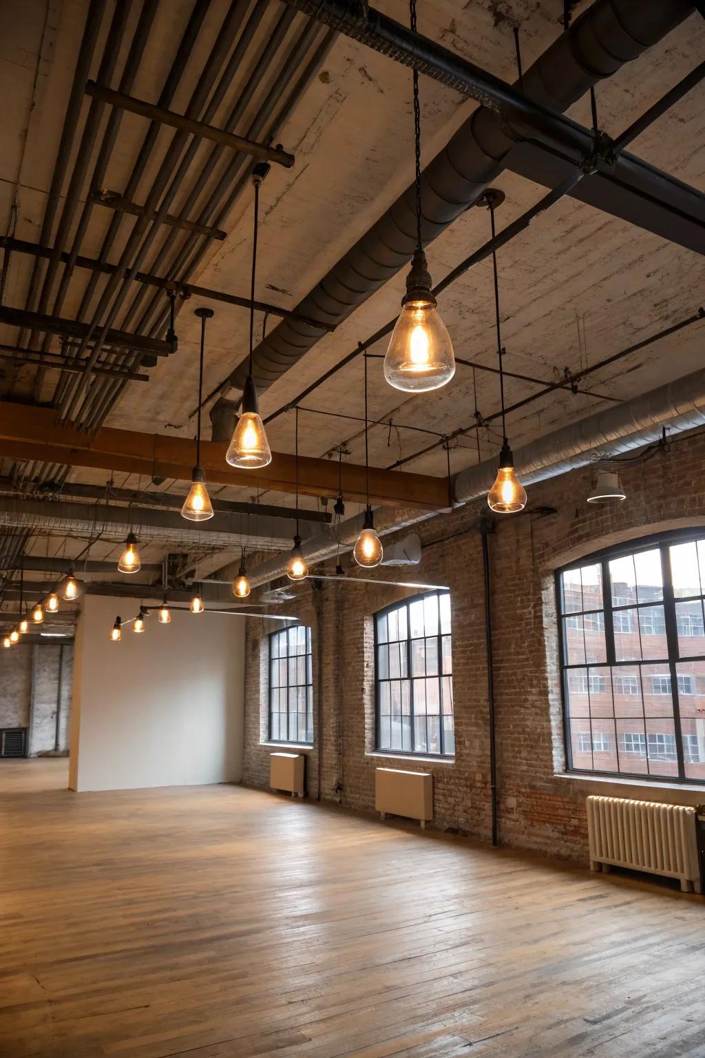 Viewable parts inject a factory sharpness to this open living space.