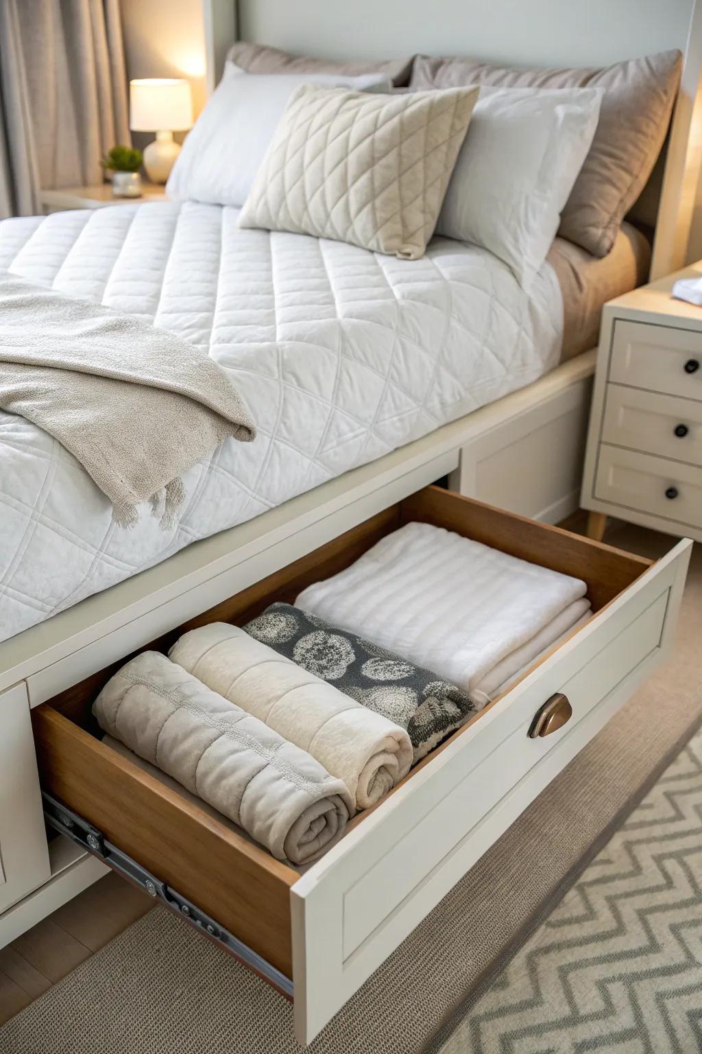 A bed drawer offering easy access to stored duvets.