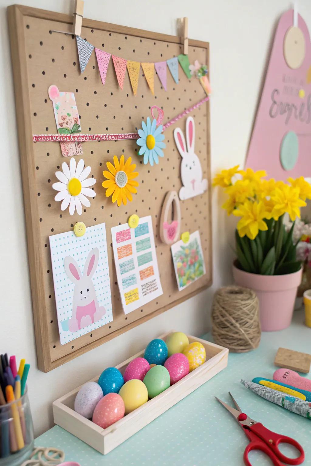 DIY Easter-themed decorations displayed in a vibrant art nook.