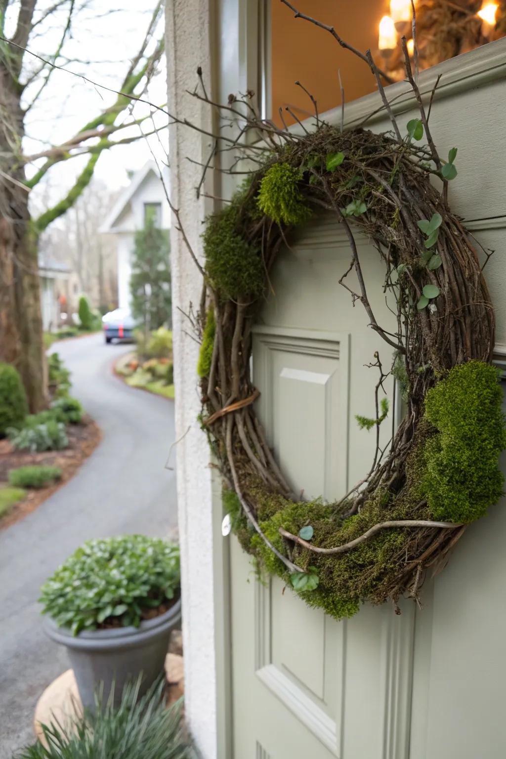 A native foliage wreath infuses a raw and timeless allure.