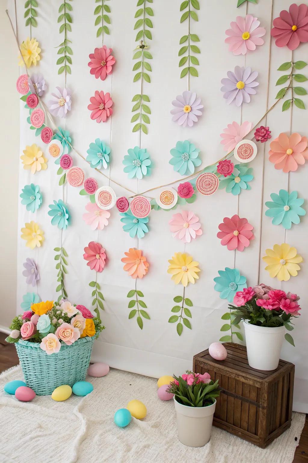 A DIY paper flower and garland backdrop offers a personalized touch for Easter photos.