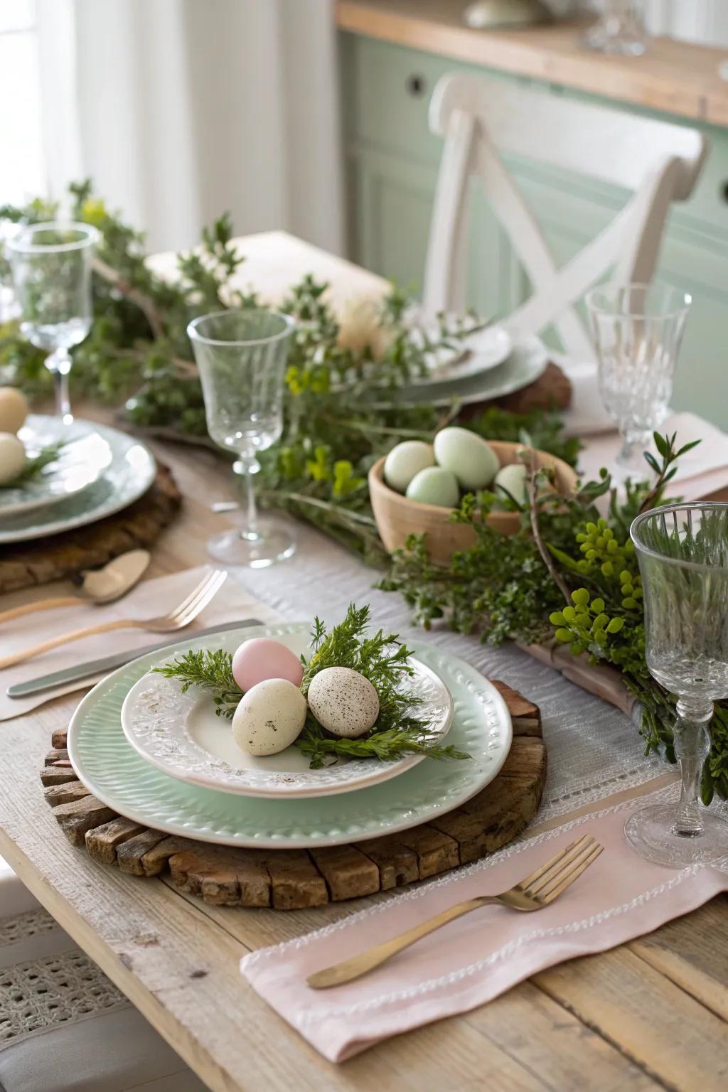 Original plants contribute an organic sensation to the Easter table design.