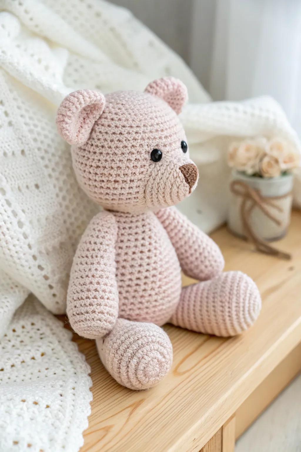 Uncover the charm of handmade miniature figures with this lovable crochet teddy bear.