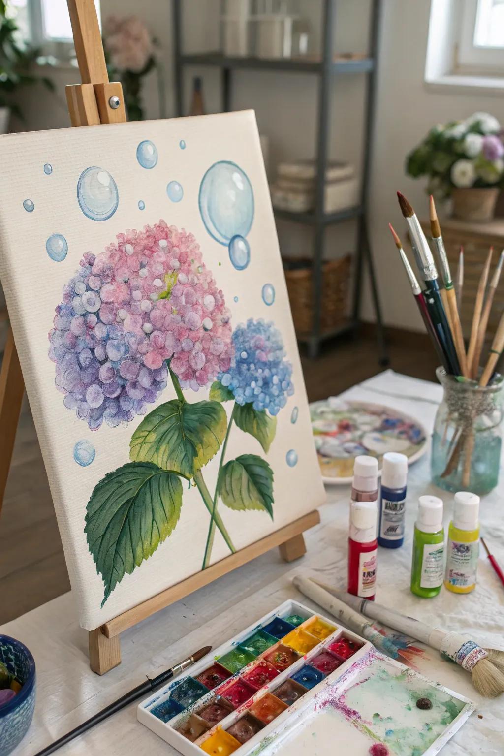 Foam imprint bigleaf hydrangeas for a dash of pigment.