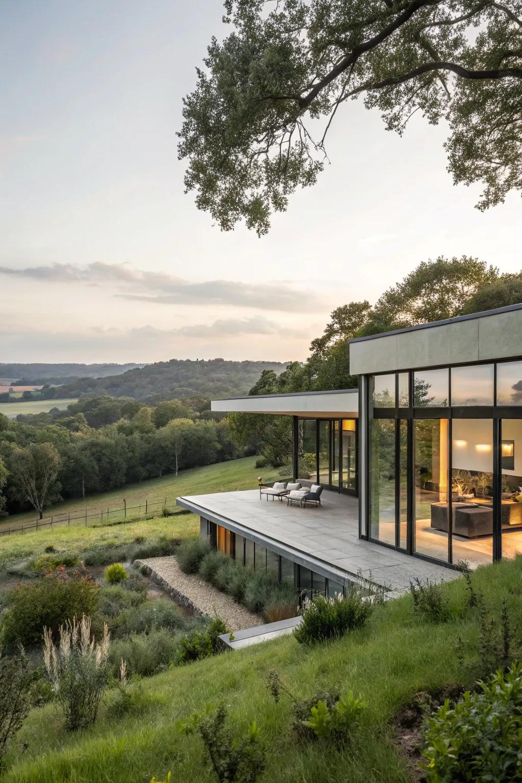 A dwelling that showcases striking architectural artistry, harmoniously integrated with its natural landscape.