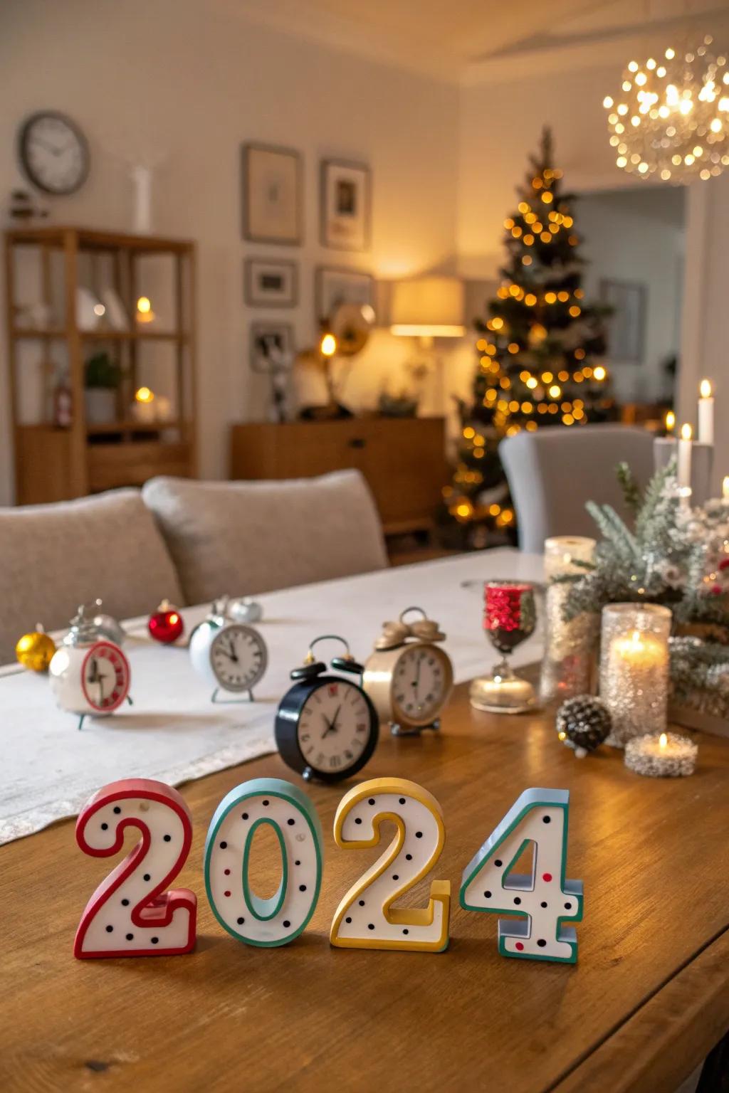 New Year's themed décor featuring clocks and numbers