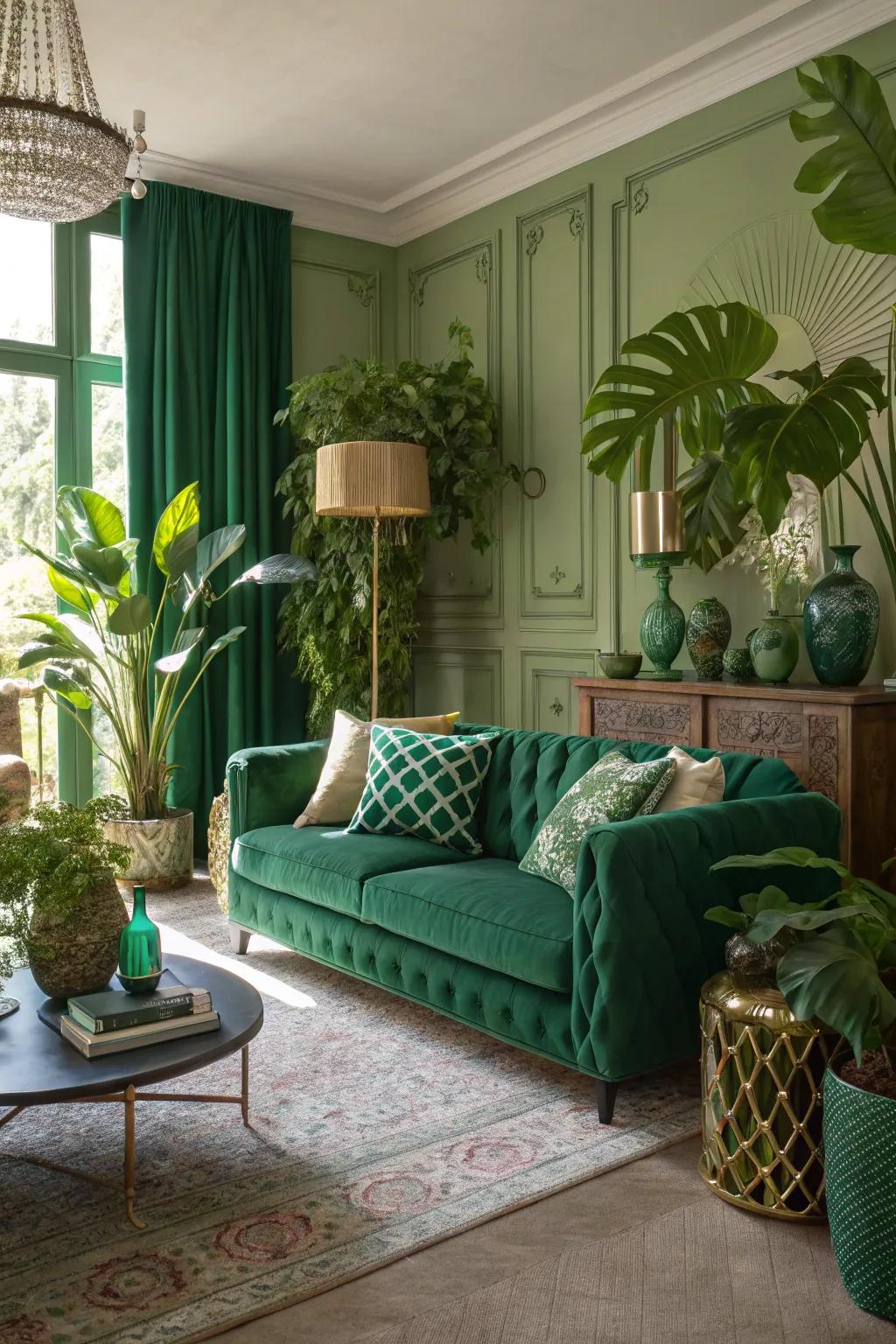 Houseplants enhance the forest hue theme impeccably.