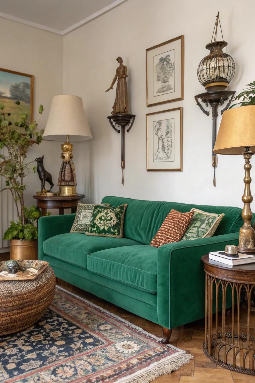 Varied accessories give character to an emerald green sofa.