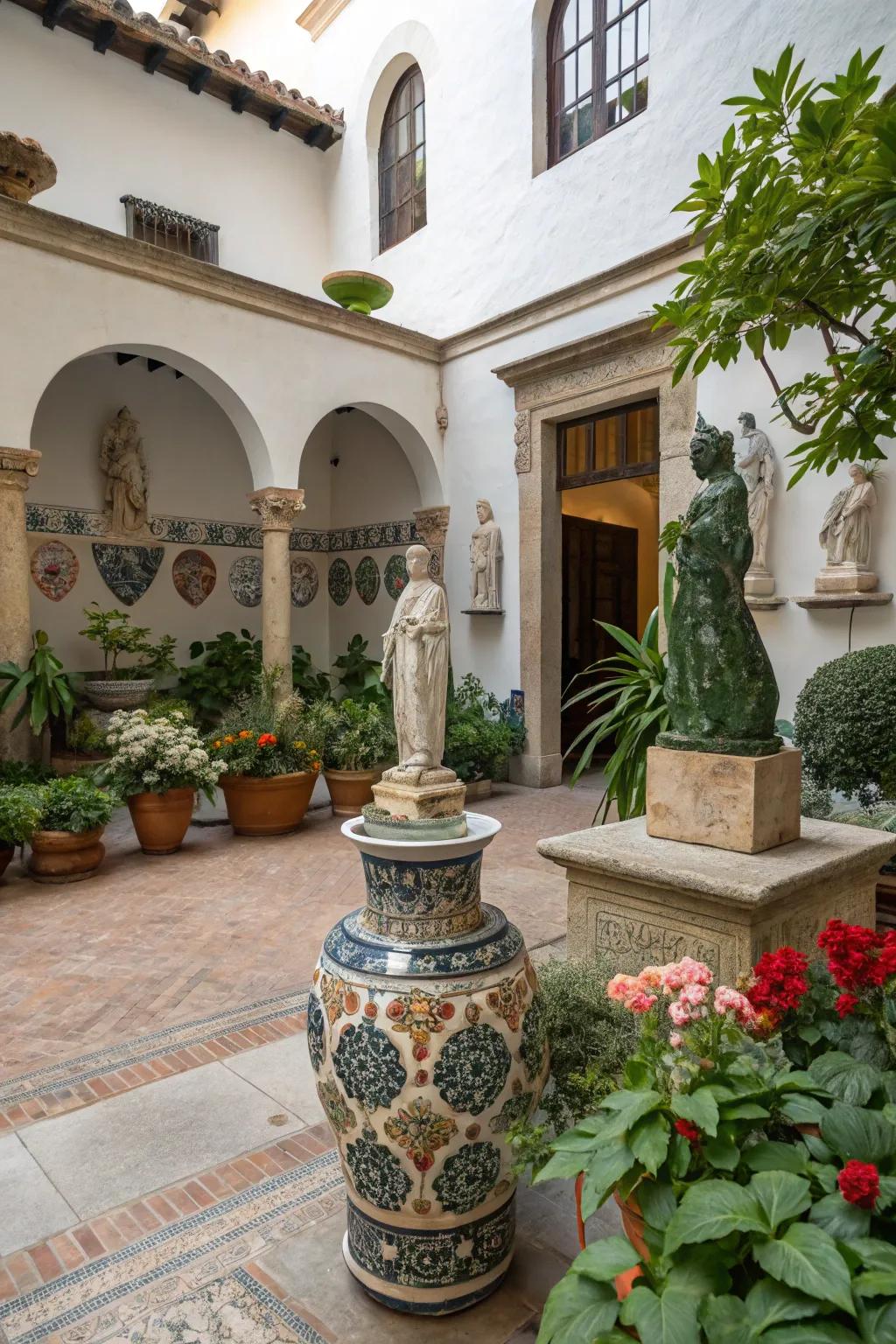 Add personality to your courtyard with unique decorative elements.