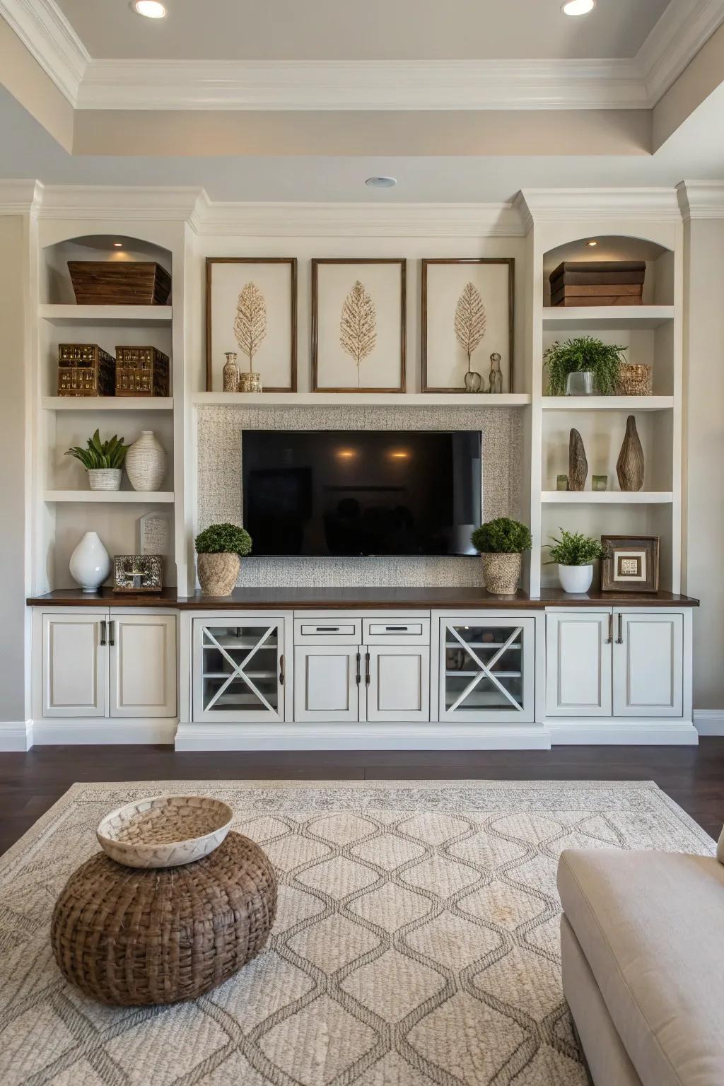 Symmetrical décor elements bring harmony to this entertainment space.