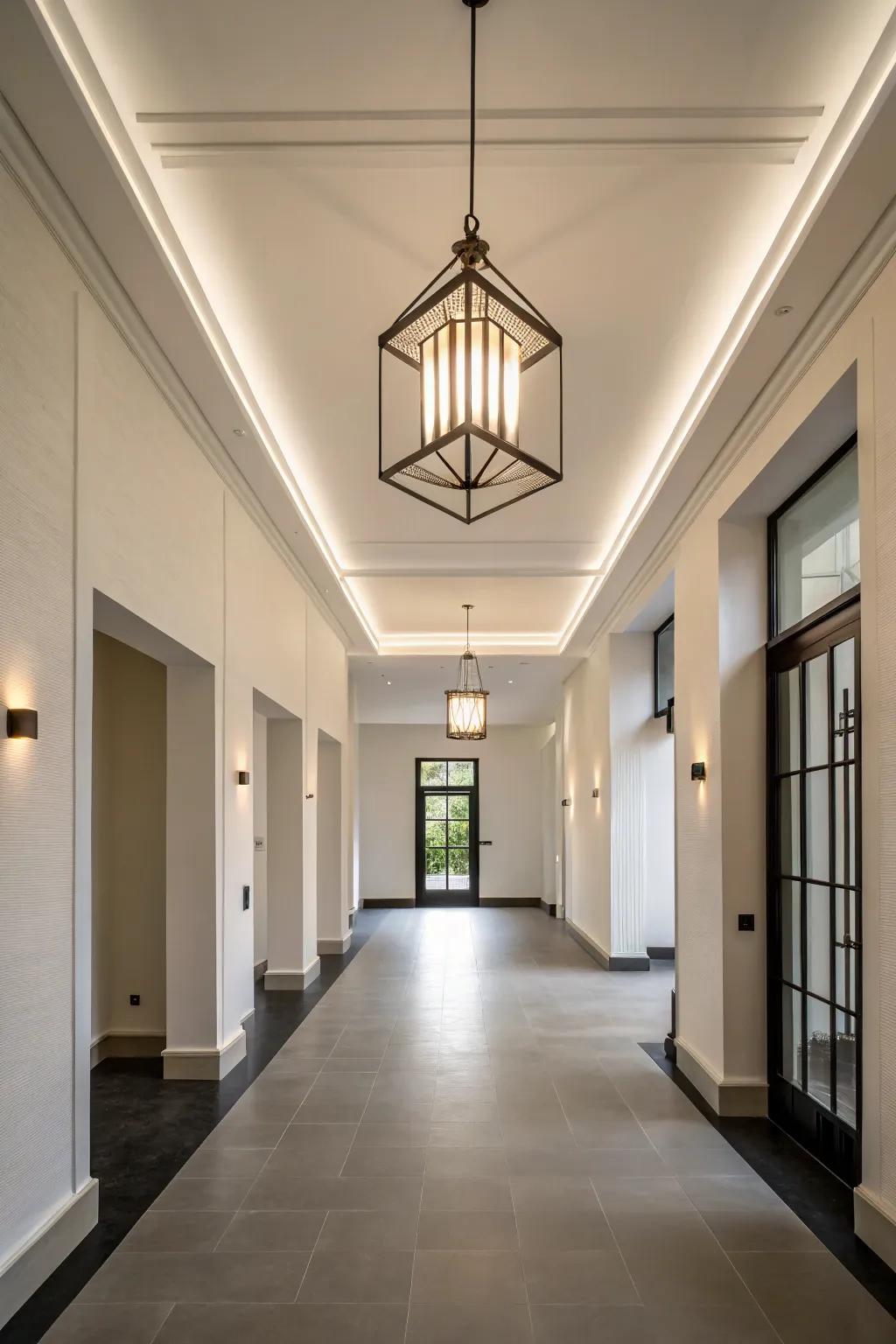 Minimalist lighting maintains this entryway's sleek and stylish look.