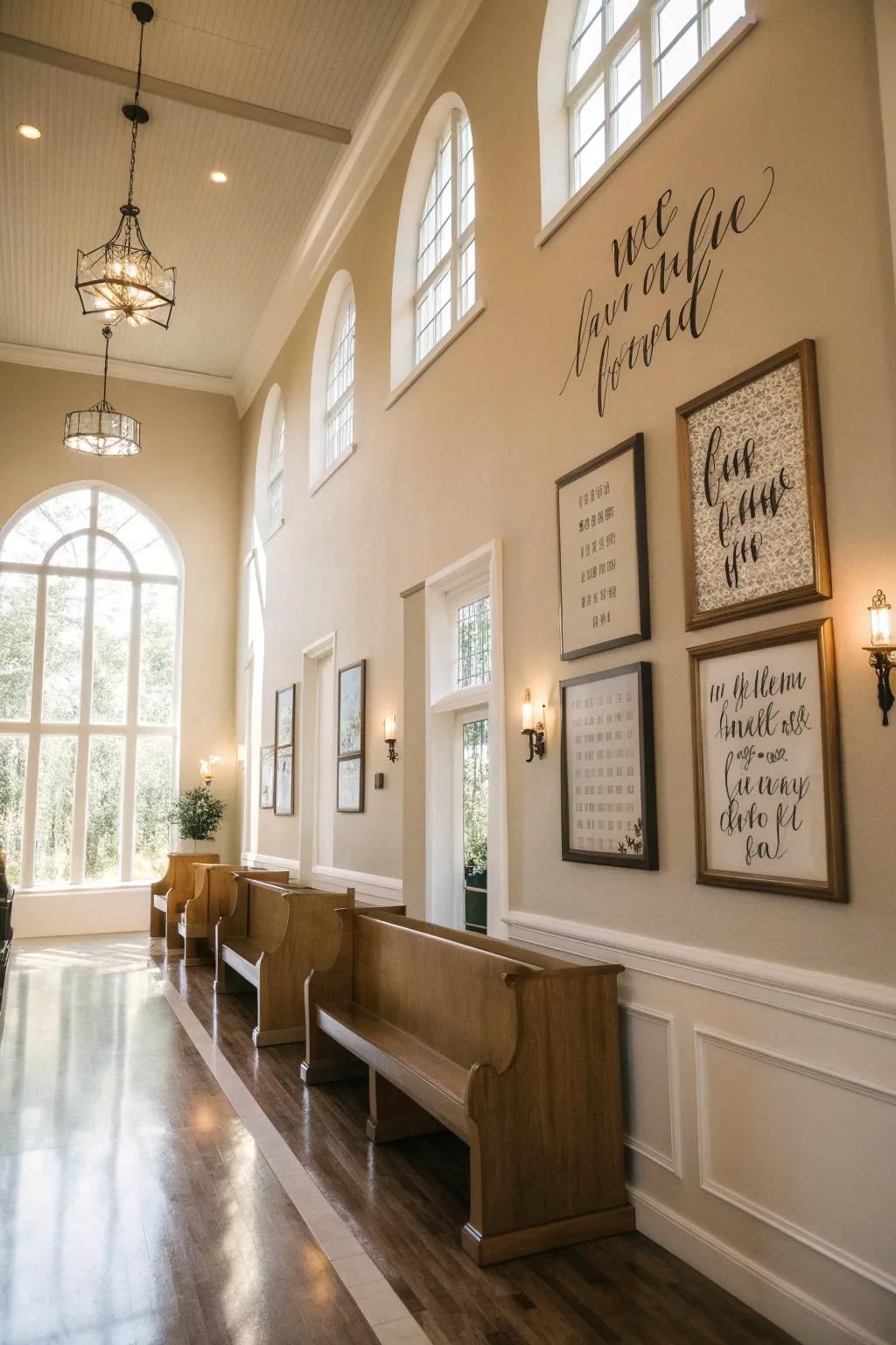 Inspirational quotes on the walls uplift spirits in the church foyer.