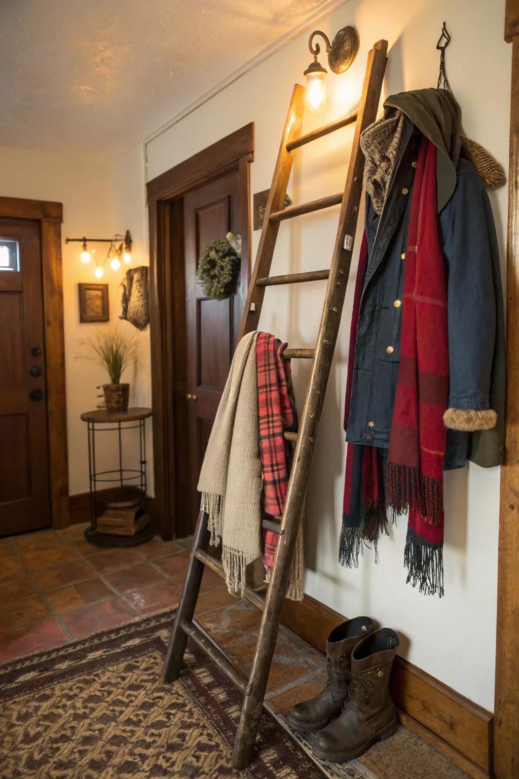 Repurpose a vintage ladder for a creative coat rack solution.