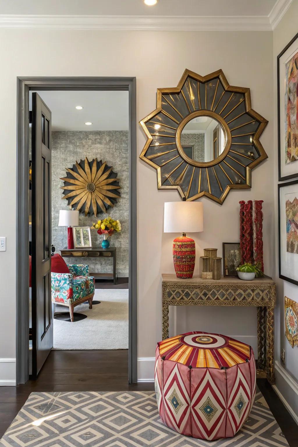 A faceted mirror lends creative flair and becomes an attention-grabber in the entryway.
