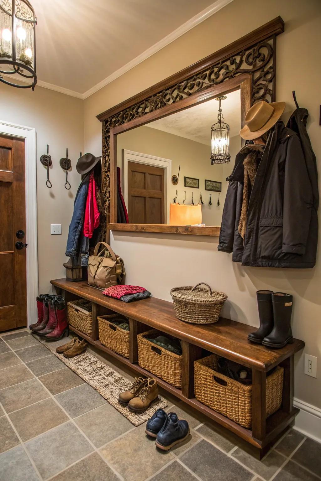 A striking looking glass introduces elegance and utility to this mudroom.